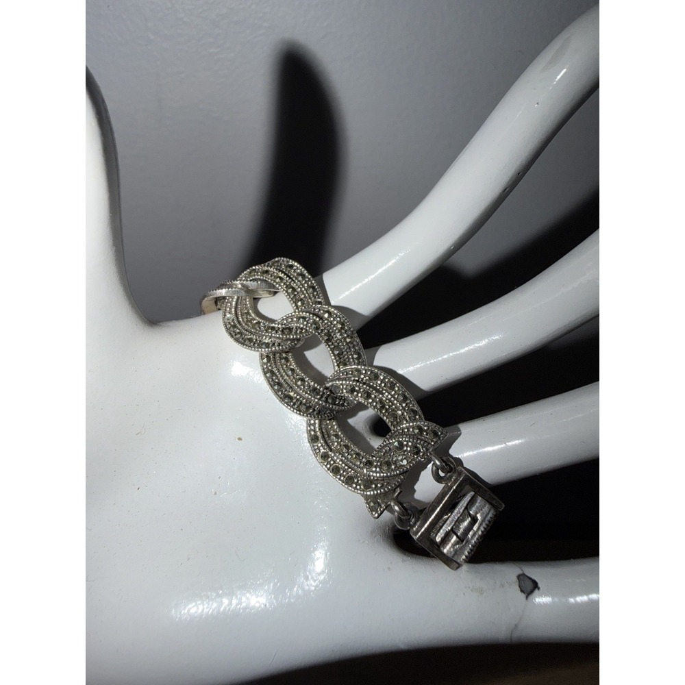 Vintage Sterling Silver 925 Marcasite Double Curb Cuban Chain Bracelet